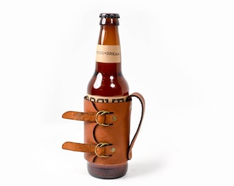 Soporte de cerveza de cuero, mango de cerveza, gran regalo, funda de cerveza de cuero, cerveza acogedora, funda de botella de cerveza, funda de botella de cuero, mango de cerveza de cuero