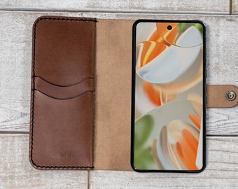 Google Pixel 10 Pro leather wallet case/cover, handcrafted in the USA, veg-tanned full-grain cowhide