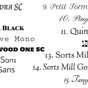 May include: A white background displays a collection of 15 different font styles. Each font is numbered and labeled with its name, including "Almendra SC", "Cinzel Black", "Holtwood One SC", and "Tangerine Bold".