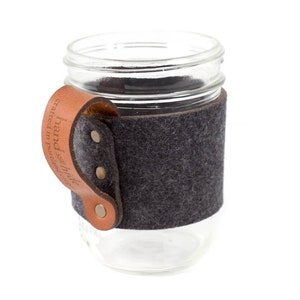 Felt Mason Jar Handle, mason jar holder, wide mouth pint jar sleeve, felt and leather drinking sleeve, custom mason jar handle,