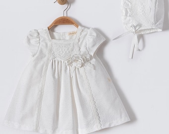 Baby Girl Lace Dress and Bonnet Set, Swiss Dot Heirloom & Baptism Christening Outfit
