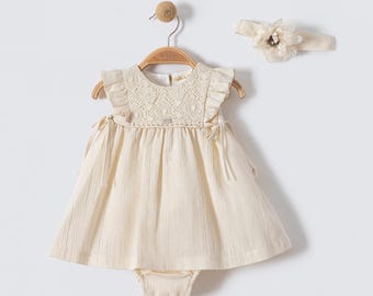 Conjunto de vestido y diadema de algodón orgánico para bebé, conjunto de encaje para recién nacida, regalo para baby shower