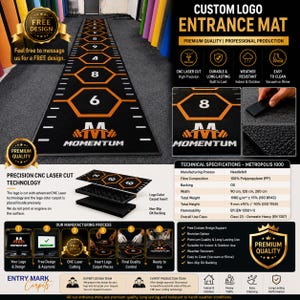 May include: A long black rectangular entrance mat featuring orange hexagonal outlines with numbers, a white Momentum logo, and white measurement markings along the edges. The mat is made of needlefelt polypropylene with a non-slip OX backing.
