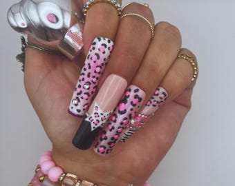 Custom Press On Nails | Handmade Personalized Nail Sets | Long Square | Leopard | Y2K