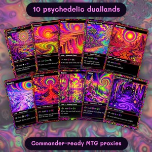 Könnte beinhalten: Eine Sammlung von zehn Magic: The Gathering Proxy-Karten mit psychedelischen, leuchtenden Neon-Illustrationen in Pink, Lila, Orange und Grün. Jede Karte zeigt Landtypen, Manasymbole und Text und ist in zwei Reihen vor einem passenden Hintergrund angeordnet.