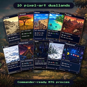 May include: A collection of ten rectangular pixel-art game cards titled 10 pixel-art duallands and Commander-ready MTG proxies. Each card features a unique landscape illustration, including a savannah, plateau, tropical island, and badlands.