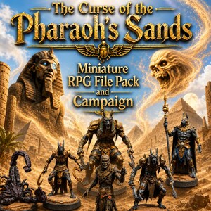 Puede incluir: Una ilustración digital titulada The Curse of the Pharaoh's Sands Miniature RPG File Pack and Campaign, que muestra una gran estatua de faraón de piedra, una calavera de arena arremolinada y varias figuras de guerreros detalladas.