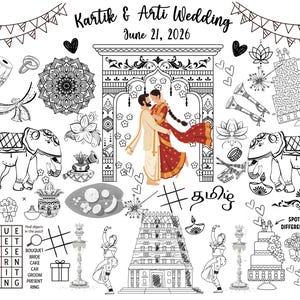 May include: Black and white line art wedding coloring page with the text "Kartik & Arti Wedding June 21, 2026". Includes illustrations of a couple, elephants, and a temple. Also includes a word search puzzle.