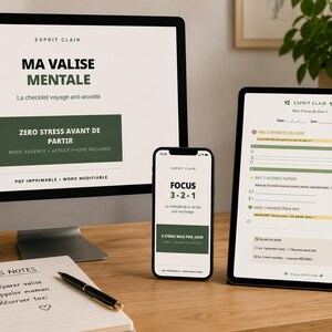 Peut inclure: Un écran d'ordinateur, un smartphone et une tablette affichant des listes de contrôle et des planificateurs de santé mentale numériques avec des accents verts et beiges. Un carnet à spirales avec des notes manuscrites et un stylo noir.
