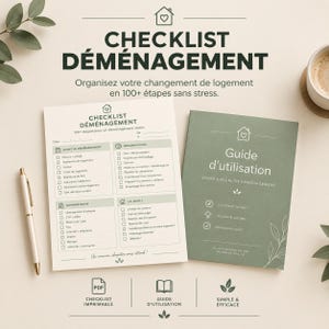 May include: A moving checklist document and a matching user guide booklet in sage green and white. The checklist features sections for organization and administrative tasks. A white pen is positioned to the left of the documents, which include text in French such as Checklist Déménagement and Guide d'utilisation.