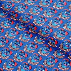 May include: A repeating pattern of the character Stitch from the Disney movie Lilo & Stitch. The blue alien is surrounded by a brown and green floral wreath on a bright blue background. The pattern is diagonal.