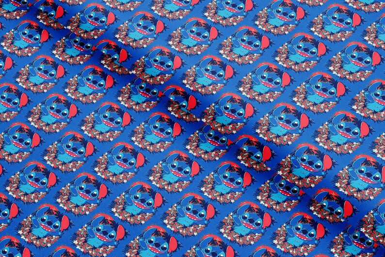 May include: A repeating pattern of the character Stitch from the Disney movie Lilo & Stitch. The blue alien is surrounded by a brown and green floral wreath on a bright blue background. The pattern is diagonal.