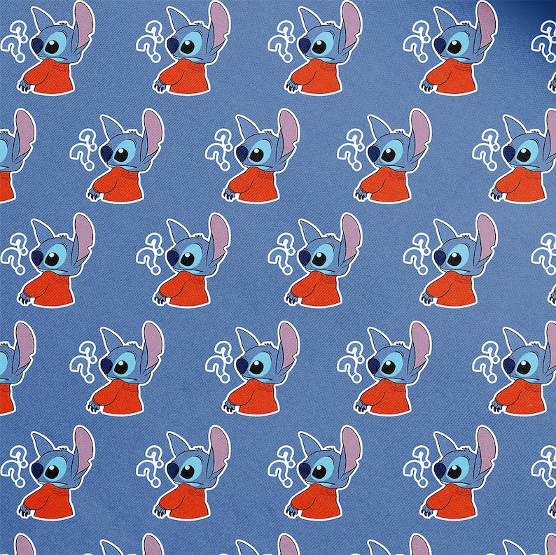May include: A repeating pattern featuring the character Stitch from the Disney movie Lilo & Stitch. Stitch is depicted in his signature blue fur, wearing an orange shirt, and surrounded by question marks on a blue background.