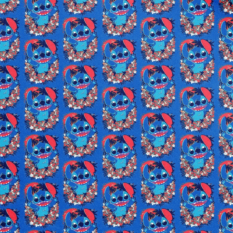 May include: A repeating pattern of the character Stitch from the animated film Lilo & Stitch. The blue alien is surrounded by a floral wreath on a blue background. The pattern is suitable for fabric or wallpaper.
