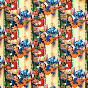 May include: A repeating pattern featuring the character Stitch from the animated film "Lilo & Stitch." Stitch, a blue alien, is playing a small orange guitar. Other characters from the film are also present in the design, set against a striped background.
