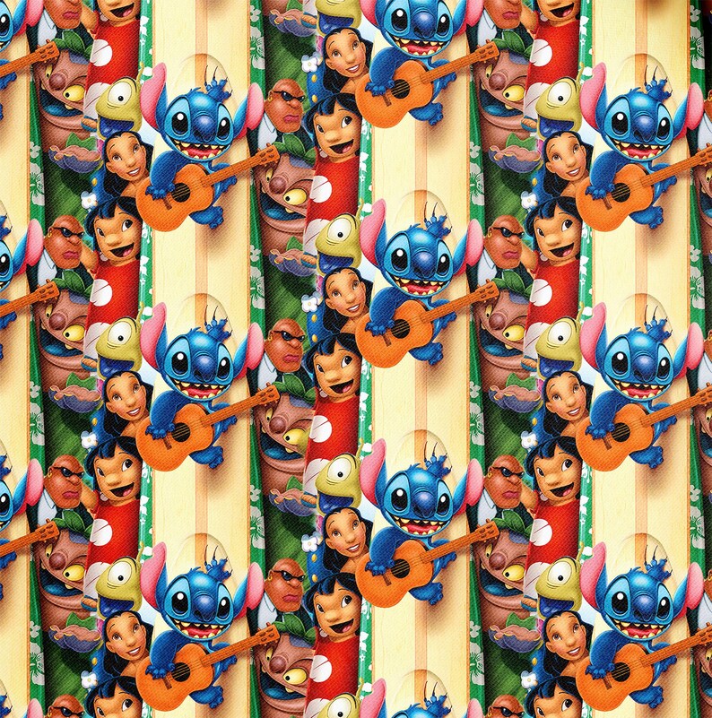 May include: A repeating pattern featuring the character Stitch from the animated film "Lilo & Stitch." Stitch, a blue alien, is playing a small orange guitar. Other characters from the film are also present in the design, set against a striped background.
