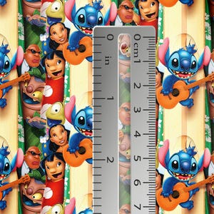 May include: Fabric featuring a repeating pattern of the character Stitch from the animated film "Lilo & Stitch." The design includes Stitch playing a guitar, along with other characters, set against a striped background. The ruler shows approximately 2 inches.