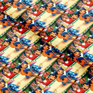 May include: A repeating pattern featuring the characters Stitch and Lilo from the animated film Lilo & Stitch. Stitch is blue and holding a ukulele. Lilo and other characters are also present. The background has red, green, and yellow stripes.