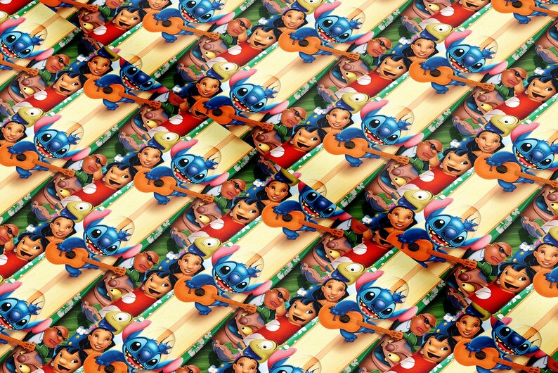 May include: A repeating pattern featuring the characters Stitch and Lilo from the animated film Lilo & Stitch. Stitch is blue and holding a ukulele. Lilo and other characters are also present. The background has red, green, and yellow stripes.