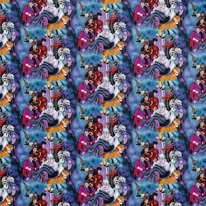 May include: A repeating pattern featuring Disney villains such as Ursula and Cruella de Vil. The design is a vibrant mix of colours, set against a blue backdrop, with detailed illustrations of the characters.