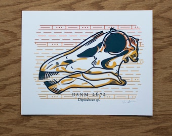 Dinosaur Skull Silkscreen Print | Fossil Art | Paleontology Wall Art | Sauropod Fossil Screen Print | Diplodocus Fossil Print