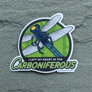May include: A sticker featuring a detailed illustration of a dragonfly with blue, green, and yellow accents. The dragonfly is set against a green background with a textured pattern. The text "I LEFT MY HEART IN THE CARBONIFEROUS" is displayed in green and white.