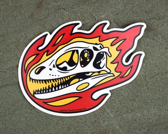 Deinonychus Flaming Dinosaur Skull Sticker | Raptor laptop sticker | Dinosaur Gift | Vinyl Dinosaur Decal