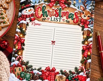 Könnte beinhalten: Ein Weihnachtslisten-Briefpapier mit einem Holzschild mit der Aufschrift Christmas LIST, einem Schneemann, einem Rentier, roten Schleifen, Tannenzweigen und Geschenken. Die Seite enthält eine Namenszeile und zwei Spalten mit Linien.