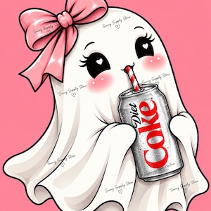 Könnte beinhalten: Eine weiße Geisterillustration mit einer großen rosa Schleife auf dem Kopf, die eine silberne Diet Coke-Dose mit einem rot-weiß gestreiften Strohhalm hält. Der Geist hat schwarze Augen mit herzförmigen weißen Reflexen und rosa Wangen auf rosa Grund.
