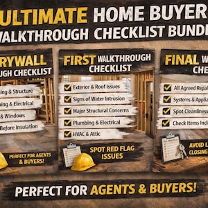 May include: An Ultimate Home Buyer Walkthrough Checklist Bundle graphic. It features three checklists: Pre-Drywall, First Walkthrough, and Final Walkthrough. Each checklist includes bullet points with inspection items. Yellow hard hats and clipboards are also shown.