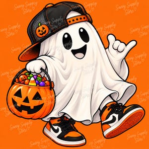 May include: A cartoon ghost character wearing a black and orange baseball cap with a pumpkin icon, black and orange high-top sneakers, and holding a jack-o'-lantern bucket filled with colorful Halloween candy against an orange background.
