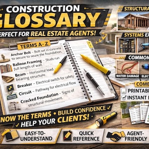 May include: A construction glossary with terms A-Z, structural diagrams, and common issues. Includes a notebook with definitions, a hard hat, blueprints, and a flashlight. The text reads "Construction Glossary" and "Perfect for Real Estate Agents!"