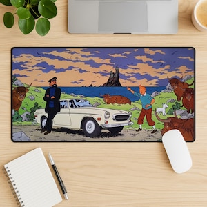 Adventures of Tintin Mouse Pad, Classic Comic Desk Mat, Vintage Cartoon Extended Desk Pad, Stitched Edge Non Slip Gift image 1