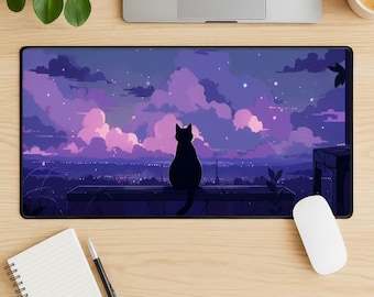 Lofi Cat Mouse Pad, Cute Aesthetic Desk Mat, Stitched Edge Gaming Mousepad, Cozy Study Desk Pad, Chill Vibes Gift