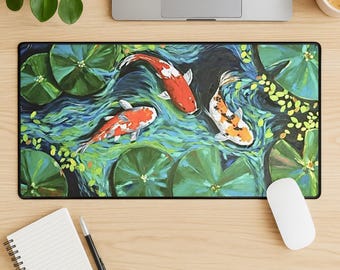 Koi Fish Mouse Pad, Japanese Aesthetic Desk Mat, Zen Water Garden Extended Desk Pad, Stitched Edge Non Slip Gift