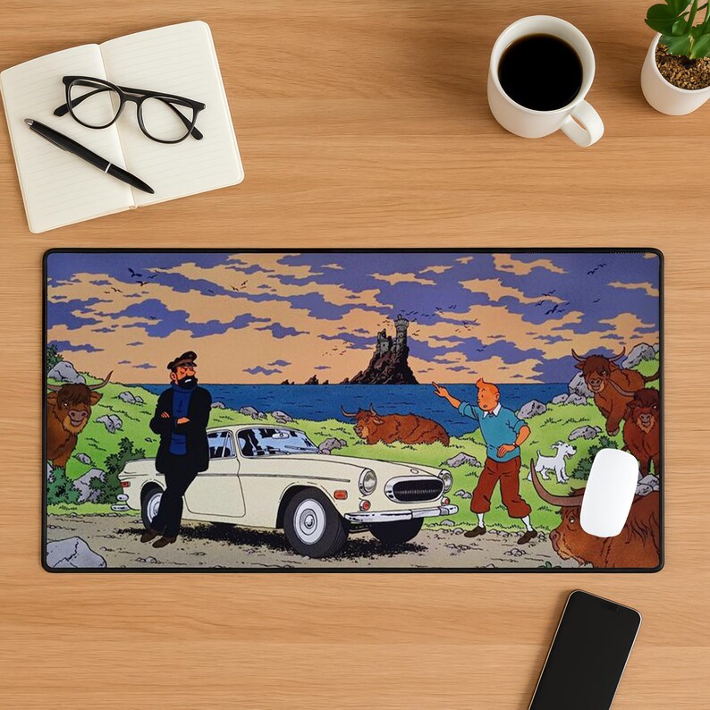 Adventures of Tintin Mouse Pad, Classic Comic Desk Mat, Vintage Cartoon Extended Desk Pad, Stitched Edge Non Slip Gift image 2