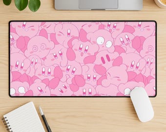 Kirby Mouse Pad, Cute Gaming Desk Mat, Kawaii Anime Mousepad, Stitched Edge Desk Pad, Pink Gamer Desk Accessory, Gift for Fans