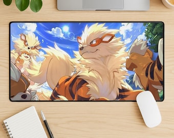 Arcanine Mouse Pad, Pokemon Gaming Desk Mat, Fire Type Anime Mousepad, Stitched Edge Desk Pad, Cute Gamer Desk Accessory