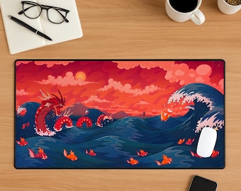 Lake of Rage Mouse Pad, Gyarados Magikarp Desk Mat, Water Battle Aesthetic Mousepad, Pokemon Inspired Desk Setup, Anime Gaming Desk Mat