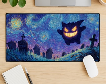 Gengar Starry Night Mouse Pad, Pokemon Art Gaming Desk Mat, Van Gogh Style Anime Extended Desk Pad, Stitched Edge Gift