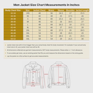 May include: A jacket size chart with measurements in inches. The chart includes body chest size, jacket chest, waist, sleeve, shoulder, and jacket length for sizes 2XS to 5XL. Diagrams illustrate how to measure a jacket.