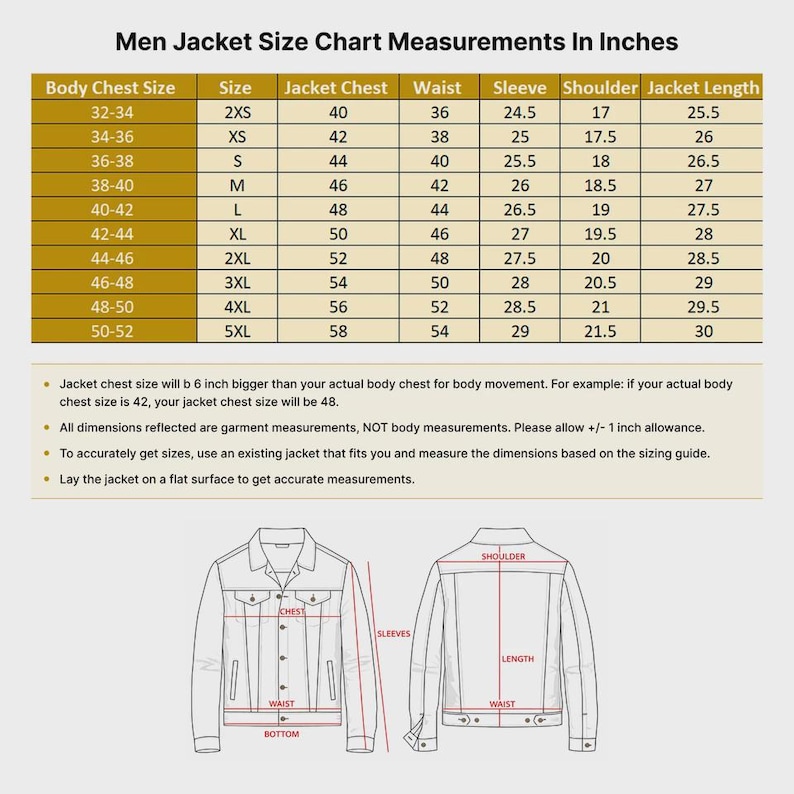 May include: A jacket size chart with measurements in inches. The chart includes body chest size, jacket chest, waist, sleeve, shoulder, and jacket length for sizes 2XS to 5XL. Diagrams illustrate how to measure a jacket.