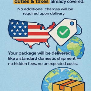 May include: Graphic with text stating "All items shipped to the USA & Worldwide come with duties & taxes already covered." Includes a map of the USA, a tag with a checkmark, a globe, and a package.