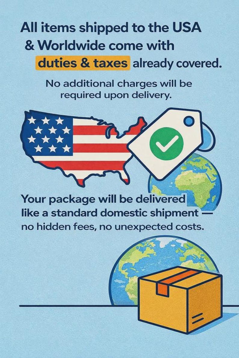 May include: Graphic with text stating "All items shipped to the USA & Worldwide come with duties & taxes already covered." Includes a map of the USA, a tag with a checkmark, a globe, and a package.