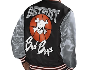 Detroit Bad Boys Black Satin Varsity Jacket – Unisex Handmade Bomber Coat Grey Sleeves