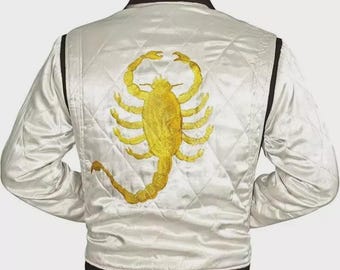 Handmade Ryan Gosling Drive Scorpion White Satin Lightweight Casual Bomber Varsity Sports Biker Drive Jacket |Christmas Gift |Jacket for men