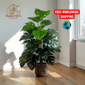 Puede incluir: Una gran planta artificial de Monstera con hojas verdes. La planta está en una maceta decorativa con un diseño. La imagen incluye el texto "FREE WORLDWIDE SHIPPING".