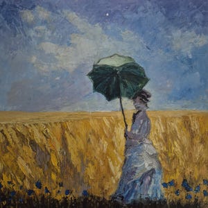 Dipinto ad olio impressionista originale - Donna in un campo di grano, quadro da parete - Opera dipinta a mano con ombrellino - Tela unica, stile estivo vintage