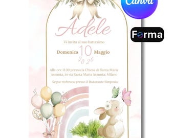 Watercolor Bunny Girl Baptism Invitation, Pink Boho Rainbow Digital Baptism Card, Personalized Printable Baptism Invitation