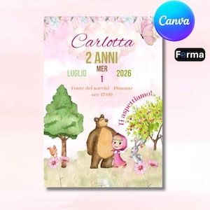 Può includere: Un biglietto d'invito per compleanno con una scena boschiva ad acquerello che mostra un orso bruno, una bambina con un vestito rosa, un coniglio e uno scoiattolo. Il testo include Carlotta, 2 ANNI, LUGLIO MER 1 2026, Fonte dei sorrisi - Pimonte ore 17:00, Ti aspettiamo.